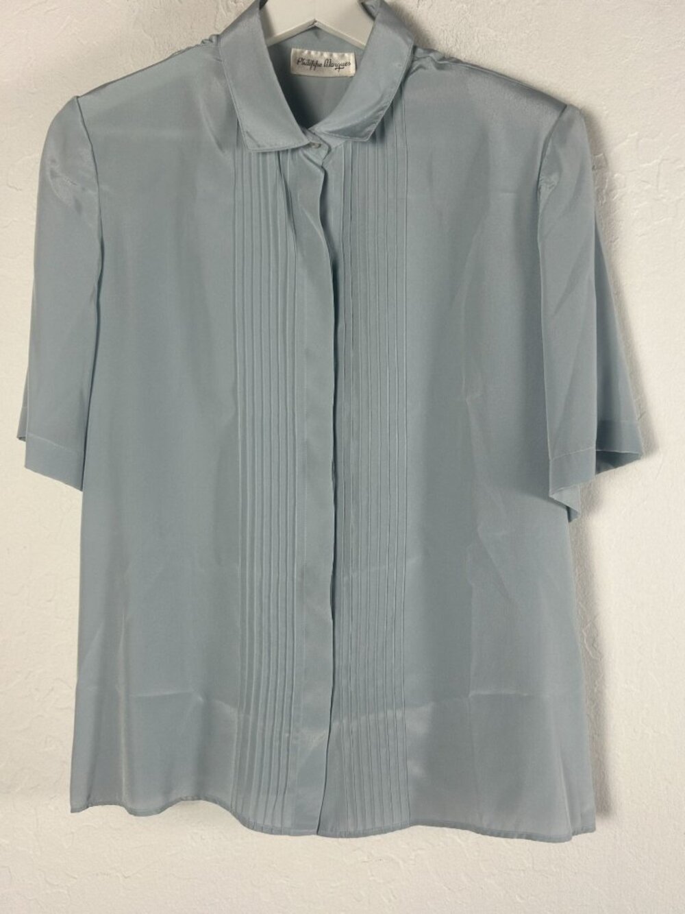 Vintage Philippe Marques Womens Blue Pintuck Short-Sleeve Button-Up Blouse 12